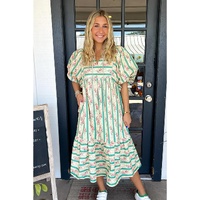 Multicolour Striped Floral Print Tie Split Neck Puff Sleeve Midi Dress - L thumbnail