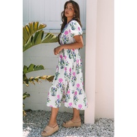 White Floral Puff Short Sleeve V Neck High Waist Maxi Dress - M thumbnail
