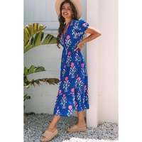 Sky Blue Floral Puff Short Sleeve V Neck High Waist Maxi Dress - L thumbnail