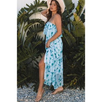 Green Floral Print Ruffled Side Slit Tube Top Maxi Dress - XL thumbnail