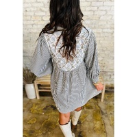 Black Stripe Floral Patchwork Tied V Neck Shift Long Sleeve Mini Dress - XL thumbnail