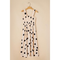 Oatmeal Polka Dot Smocked Fit Flared Sleeveless Long Dress - L thumbnail