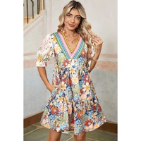 Multicolour Boho Floral Print Crochet Patchwork V Neck Loose Mini Dress - XL thumbnail