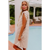Khaki Stripe Round Neck Sleeveless Casual Pocketed Mini Dress - L thumbnail