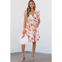 Pink Floral Double Ruffle Sleeve V Neck High Waist Mini Dress - L thumbnail