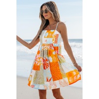 Orange Seashell Patchwork Print Self-tie Flowy Sundress - XL thumbnail