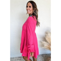 Rose Red Colorful Crochet V Neck Textured Tiered Ruffled Long Sleeve Mini Dress - L thumbnail