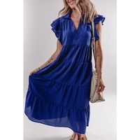 Bluing Ruffled Short Sleeve Collared V Neck Tiered Midi Dress - L thumbnail