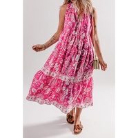 Rose Floral Sleeveless Tasseled Lace-up Neck Tiered Midi Dress - S thumbnail