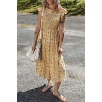 Yellow Boho Floral Print Ruffle Smocked Flowy Summer Dress - L thumbnail