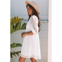 White Floral Lace Puff Sleeve Empire Waist Mini Dress - M thumbnail