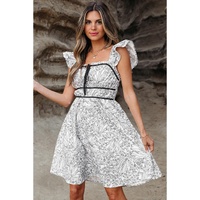 White Floral Print Pipping Trim Flutter Sleeve Mini Dress - L thumbnail