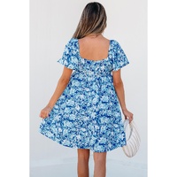 Blue Floral Puff Sleeve Babydoll Mini Dress - M thumbnail