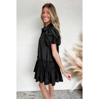Black Shirt Style Button Down Puff Sleeve Ruffle Hem Dress - S thumbnail