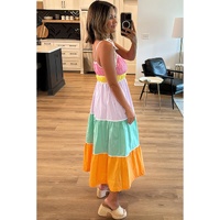 Multicolour Colorblock Self-tie Straps High Waist Flowy Maxi Dress with Pockets - L thumbnail