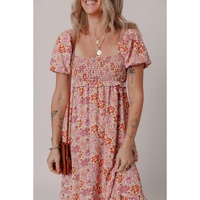 Pink Floral Square Neck Knotted Ruffle Midi Dress - L thumbnail