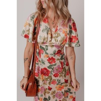 Multicolour Vintage Floral V Neck Short Sleeve Tie Back Long Slit Dress - XL thumbnail
