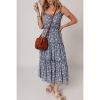 Blue Floral Spaghetti Strap Frilled V Neck Tiered Midi Dress - XL thumbnail