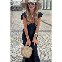 Black V Neck Flutter Sleeve Smocked Bodice High Waist Ruffle Maxi Dress - L thumbnail