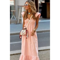 Pink V Neck Flutter Sleeve Smocked Bodice High Waist Ruffle Maxi Dress - L thumbnail