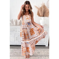 Orange Multi Printed Ricrac Trim Spaghetti Straps Maxi Dress - L thumbnail