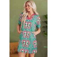 Mint Green Geometric Butterfly Print Split Neck Short Sleeve Dress - L thumbnail