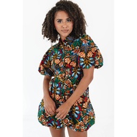 Multicolour Floral Puff Short Sleeve Shirt Mini Dress - M thumbnail