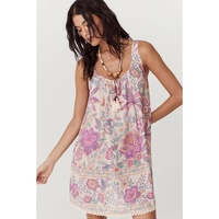 Multicolour Floral Print Fringed Tie U Neck Sleeveless Mini Dress - L thumbnail