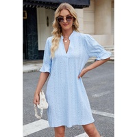 Beau Blue Jacquard Texture Flared Short Sleeve Notched Neck Mini Dress - M thumbnail