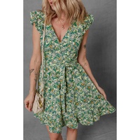 Green Flower Print Flutter Sleeve V Neck Sashed Ruffled Mini Dress - XL thumbnail