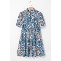 Blue Bohemian Paisley Floral V Neck Short Sleeve Mini Dress - XL thumbnail