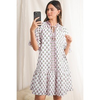 Pink Floral Print Bubble Sleeve Neck Tie Ruffled Dress - L thumbnail