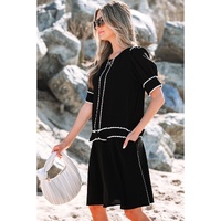 Black Contrast Scallop Trim Bow Detail Half Sleeve Shift Dress - S thumbnail