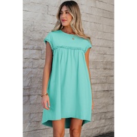 Mint Green Frilled Trim Crew Neck Loose Fit Mini Dress - L thumbnail