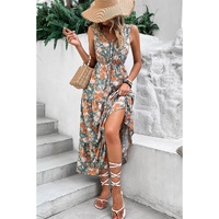 Green Floral Print Trimmed V Neck Tie Waist Sleeveless Holiday Long Dress - XL thumbnail