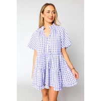 Lavendula Plaid Ruffle Wide Short Sleeve Babydoll Mini Dress - L thumbnail