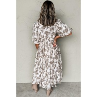 Khaki Floral Puff Sleeve V Neck Buttoned Front Maxi Dress - L thumbnail