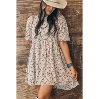 Beige Floral Puff Short Sleeve Empire Waist Mini Dress - L thumbnail