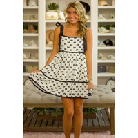 White Bow Knot Color Contrast Trim Knotted Shoulder Mini Dress - L thumbnail