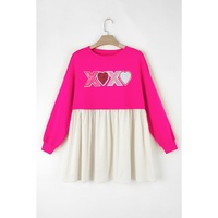 Rose Red Sequin Heart XOXO Graphic Colorblock Patchwork Hem Sweatshirt Dress - M thumbnail