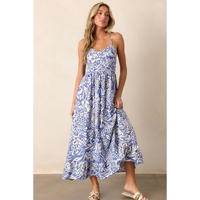 Sky Blue Floral Print Spaghetti Strap High Waist Maxi Dress - XL thumbnail
