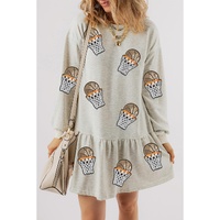 White Sequined Basketball Patched Ruffled Long Sleeve Mini Dress - L thumbnail