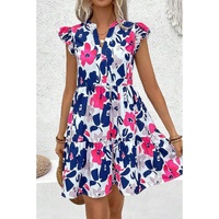 Fashion Floral Print Notched Neck Flutter Sleeve Mini Dress - M thumbnail