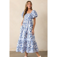 Sky Blue Floral Print Square Neck Bubble Sleeve High Waist Maxi Dress - M thumbnail