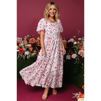 Pink Floral Puff Sleeve Square Neck Empire Waist Tiered Maxi Dress - L thumbnail