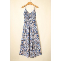 Blue Paisley Print Twist Detail Smocked Back Spaghetti Straps Long Dress - L thumbnail