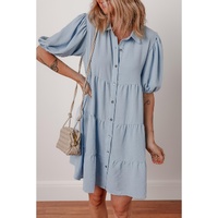 Beau Blue Shirt Collar Button Up Short Puff Sleeve Tiered Shift Dress - M thumbnail