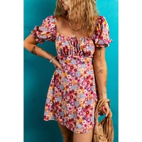 Red Floral Puff Sleeve Square Neck Knot Open Back Mini Dress - L thumbnail
