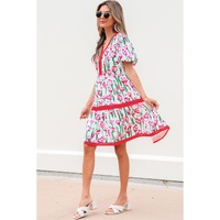 Pink Floral Print Contrast Trim V Neck Bubble Short Sleeve Babydoll Dress - L thumbnail