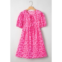 Rose Leopard Puff Sleeve Tie Front High Waist Mini Dress - M thumbnail